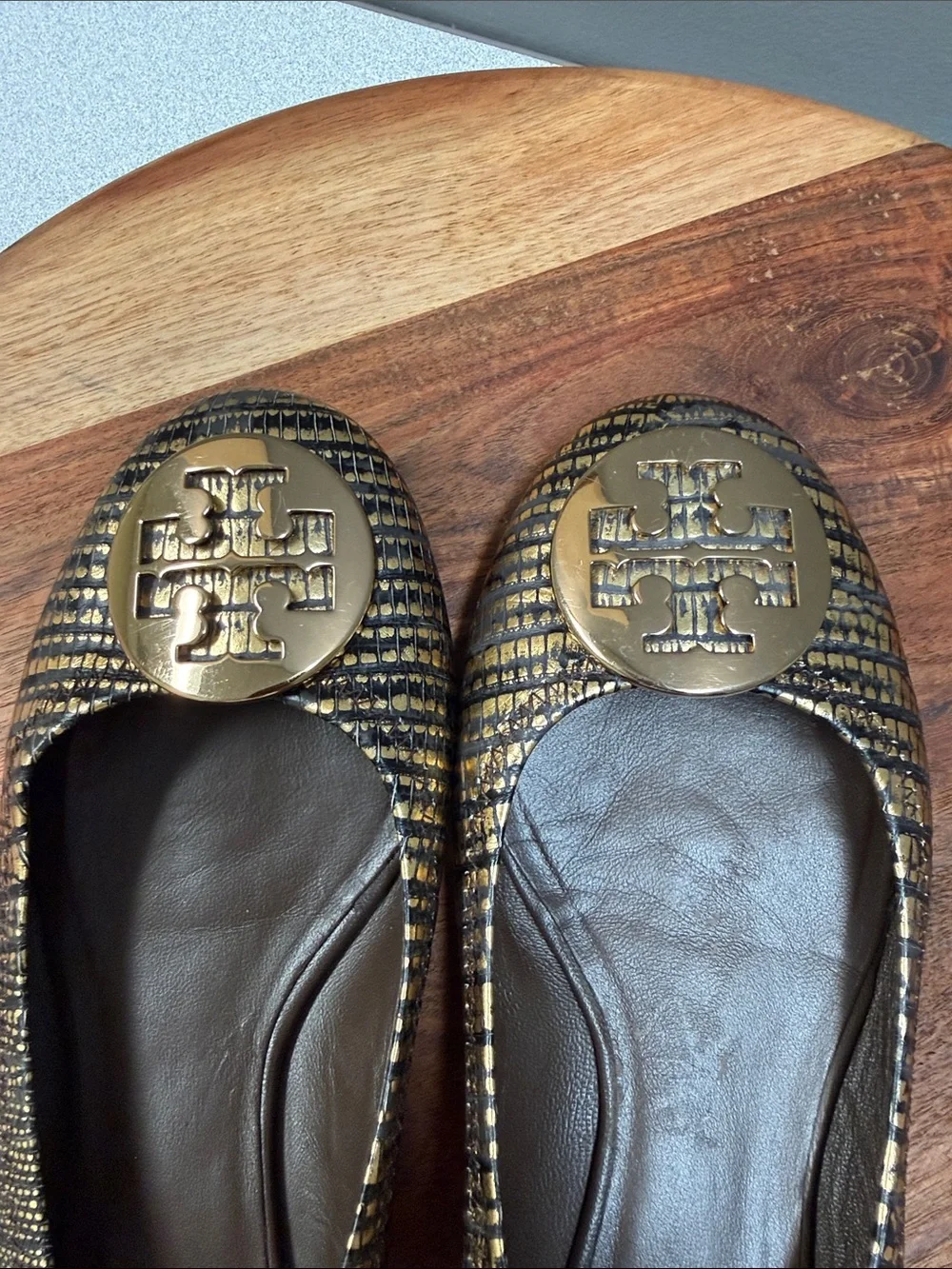 Tory Burch Reva Ballet Flats Gold Black Lizard Embossed Leather Size 7.5